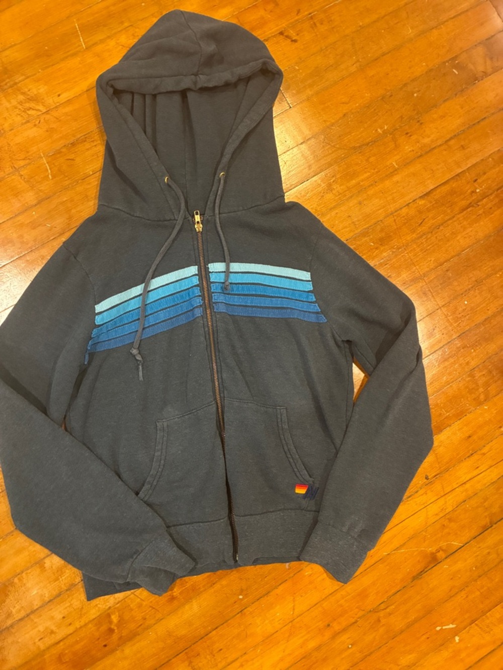 Aviator Nation Black Zip-Up Hoodie with Blue Gradient Stripes